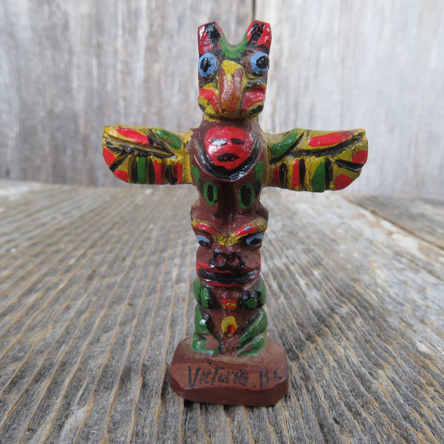 Vintage Totem Pole Wooden Figurine Thunderbird Park Victoria British Columbia Canada Hand Painted Miniature