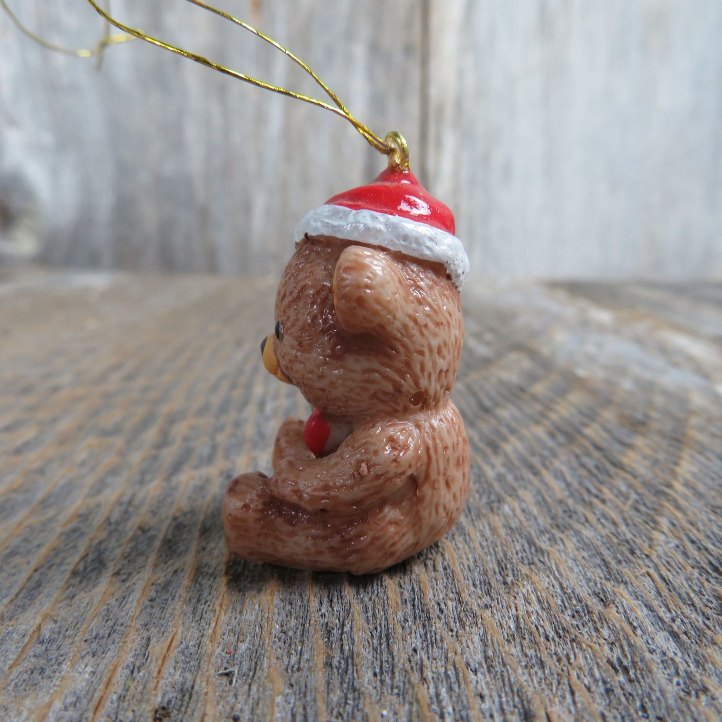 Vintage Teddy Bear Ornament Santa Hat and Horn Christmas