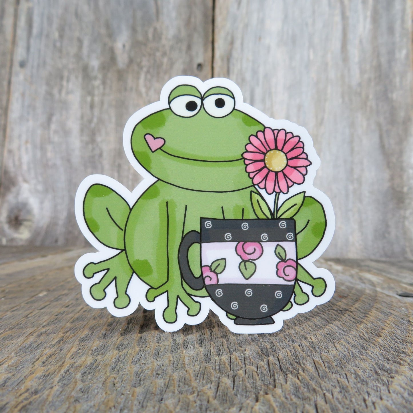 Green Frog with Cup Sticker Flower Waterproof Full Color Frog Lover Coffee Lover Tea Drinker