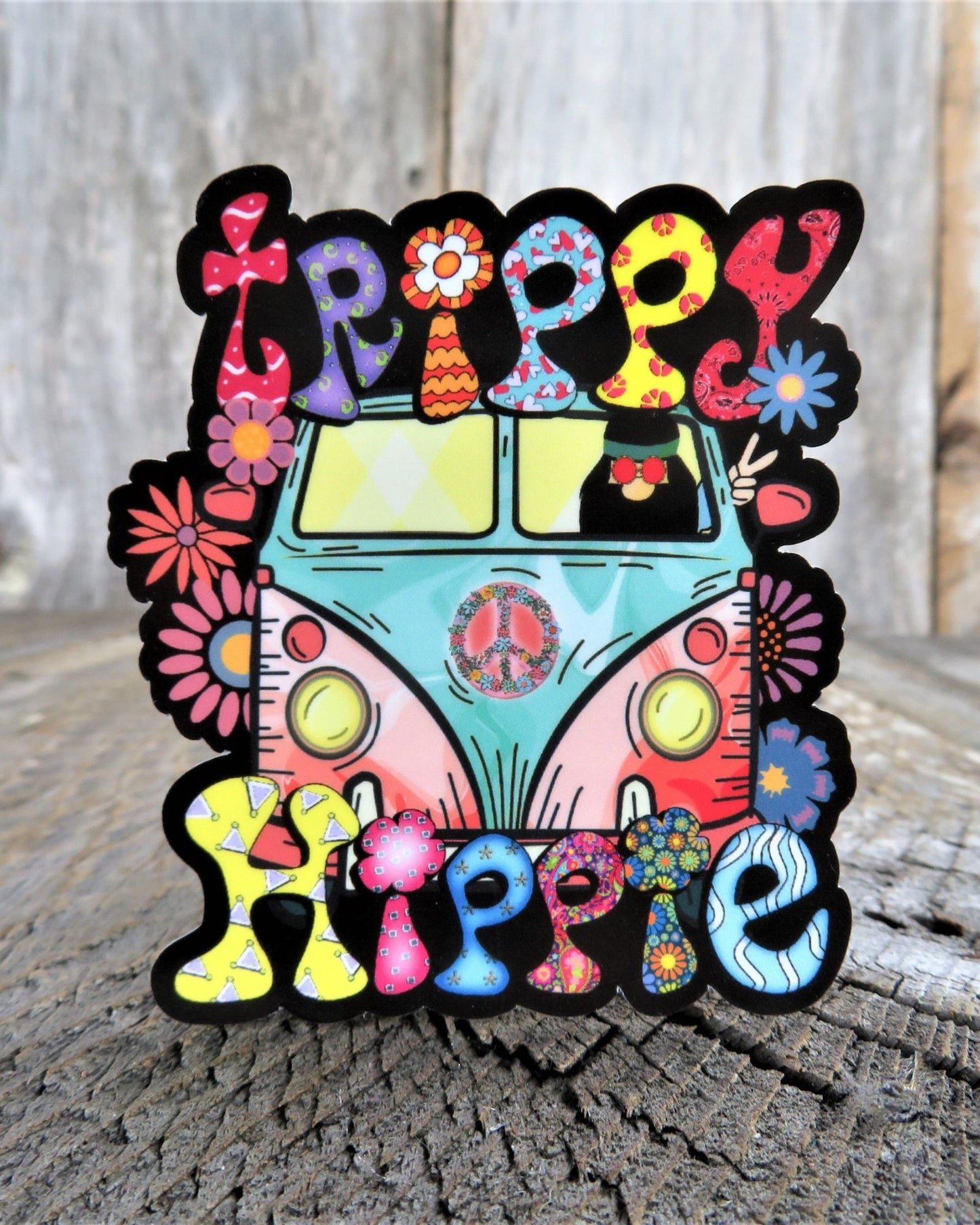 Trippy Hippie Sticker Van Peace Sign Flower Power Bright Colored Retro Hippie Flowers Waterproof Car Water Bottle Laptop