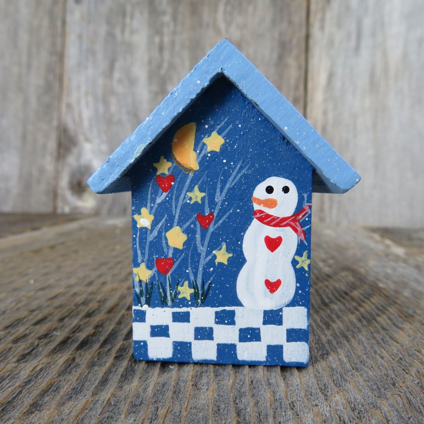 Vintage Blue Painted Birdhouse Wood Ornament Snowman Checkered Bird Rustic Christmas Country