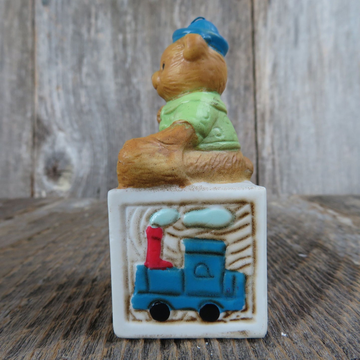 Vintage Bear on Alphabet Block Ornament Boy Blue Hat Green Ceramic Porcelain Christmas House of Lloyd