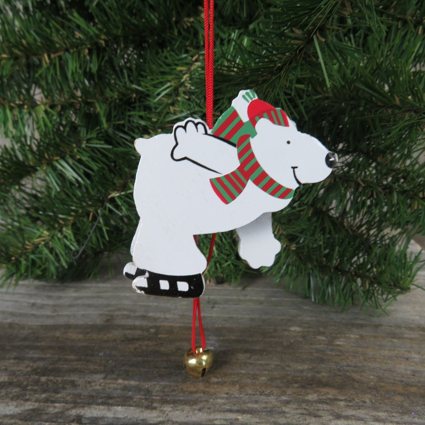 Vintage Jumping Polar Bear Wood Ornament Ice Skate American Greetings Pull String Toy Christmas