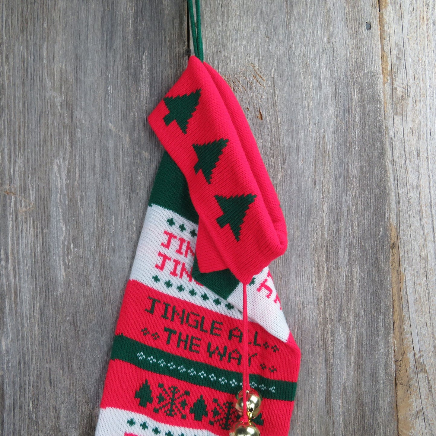 Vintage Jingle Bells Knit Stocking Extra Large Striped Jingle All The Way Huge Red Green St377