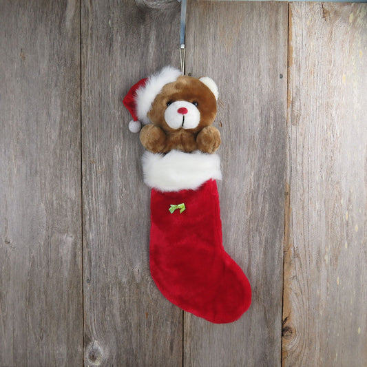 Vintage Teddy Bear Plush Stocking Red Nose Brown Santa Hat Luvables