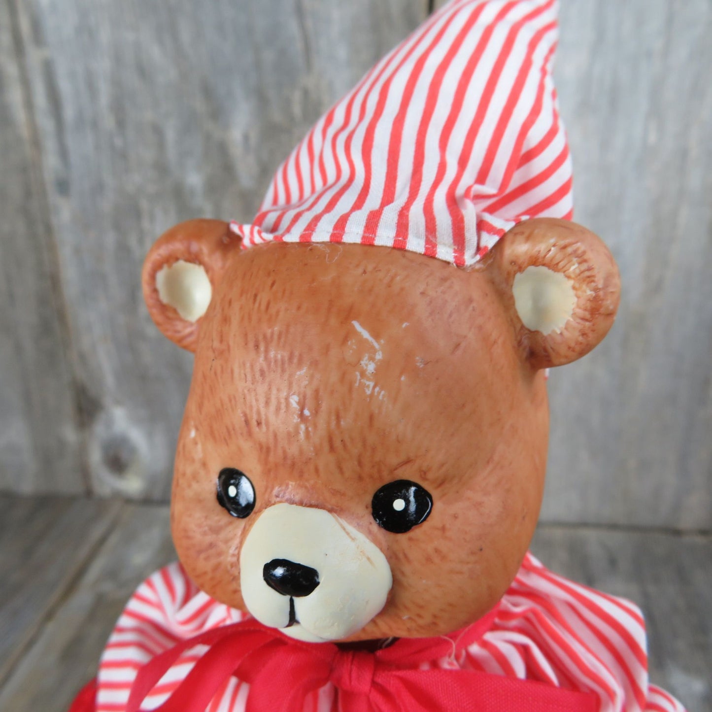 Vintage Teddy Bear in Pajamas Tree Topper Christmas Around the World Nightgown Sleeping Cap Bisque Ceramic Head Red White Striped