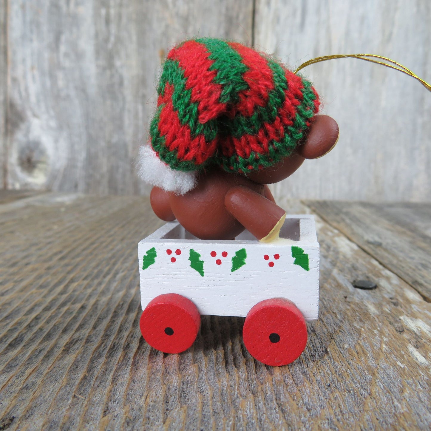 Vintage Teddy Bear with Toy Wagon Wood Christmas Ornament Tree Wooden Knit Hat