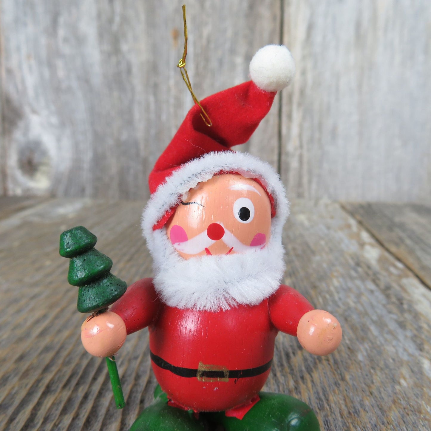 Vintage Wood Santa Winking Ornament Wooden Felt Hat Christmas Tree Red Green