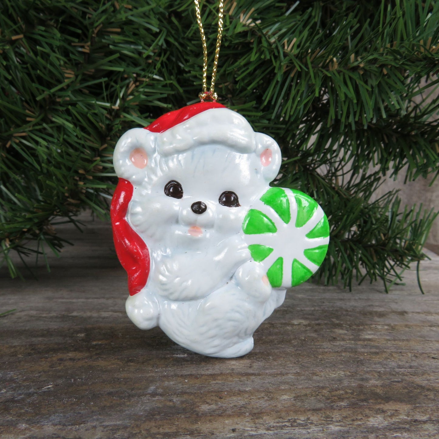 Vintage Baby Bear Ornament Green Peppermint Santa Hat Porcelain White Flat Ceramic Christmas