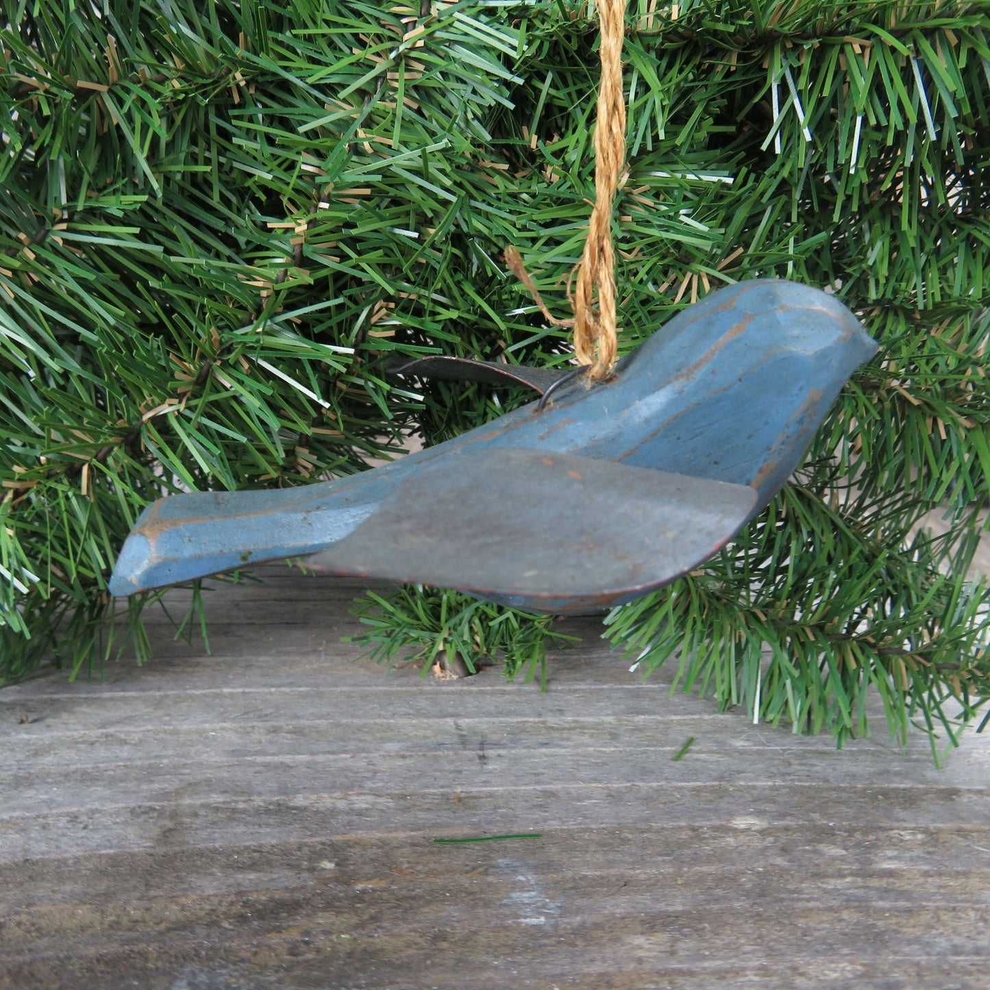Blue Wooden Bird Ornament Primitive Rustic Style Metal Wings Flying Christmas
