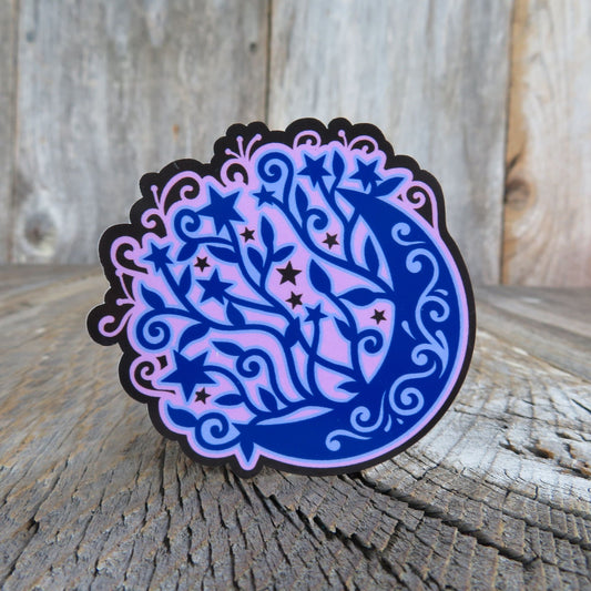 Blue and Purple Floral Art Moon Sticker Waterproof Art Blue Moon and Stars Flower Lovers