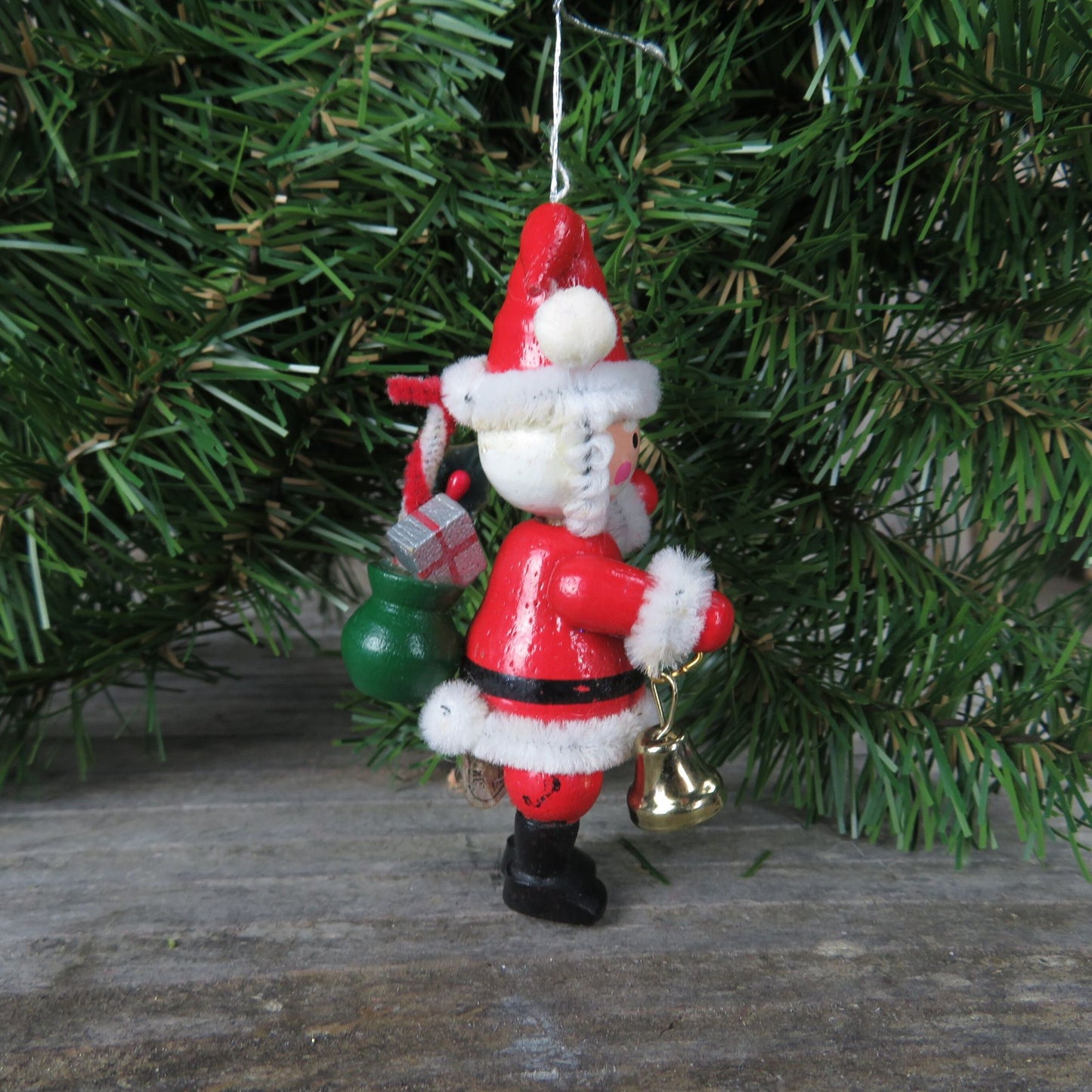 Vintage Wooden Santa Claus Ornament Kurt Adler Santa With Bell Bag and Pipe Cleaners Christmas 1982