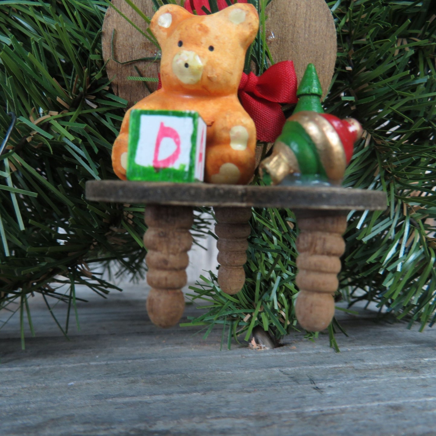 Bear Heart Shaped Chair Wood Ornament Vintage Wooden Child's Toys Teddy Bear and Chair Christmas Ornament