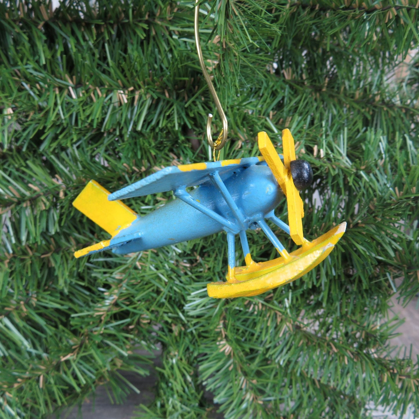 Vintage Blue and Yellow Airplane Ornament Wooden Seaplane Biplane Christmas Ornament