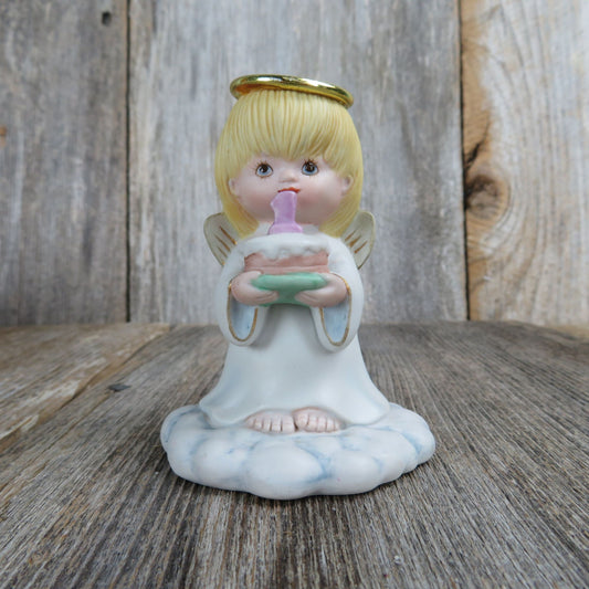 First Birthday Angel with Cake Figurine 1st Year Cake Topper Child One Year Blonde Made in Tiawan