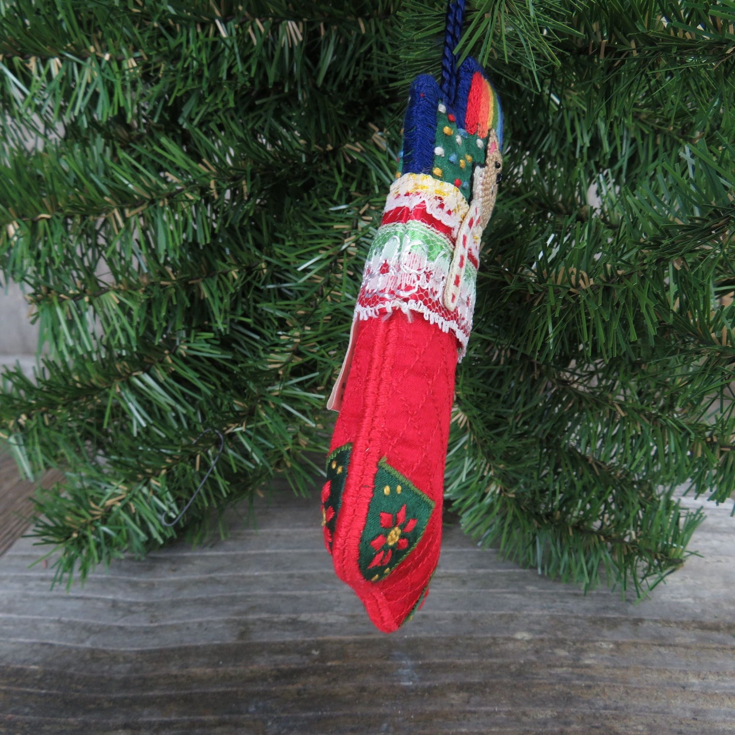Teddy Bear Soft Stocking Ornament Plush Fabric Needlepoint Hallmark Christmas 1983