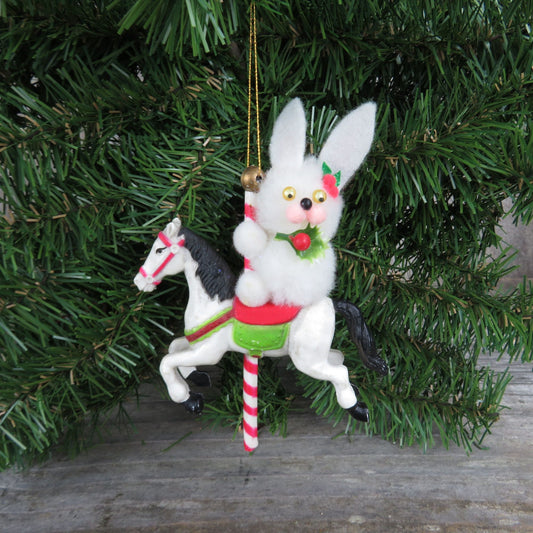 Vintage White Bunny and Carousel Horse Pony Ornament Pom Pom Rabbit Googly Eyes Plastic Christmas