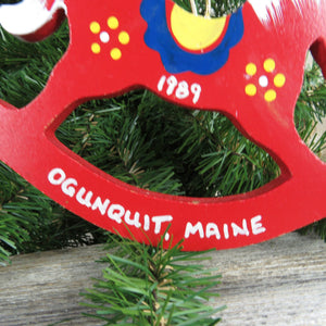 Vintage Rocking Horse Ogunquit Maine Wood Ornament Christmas Red Wooden Souvenir Tourist