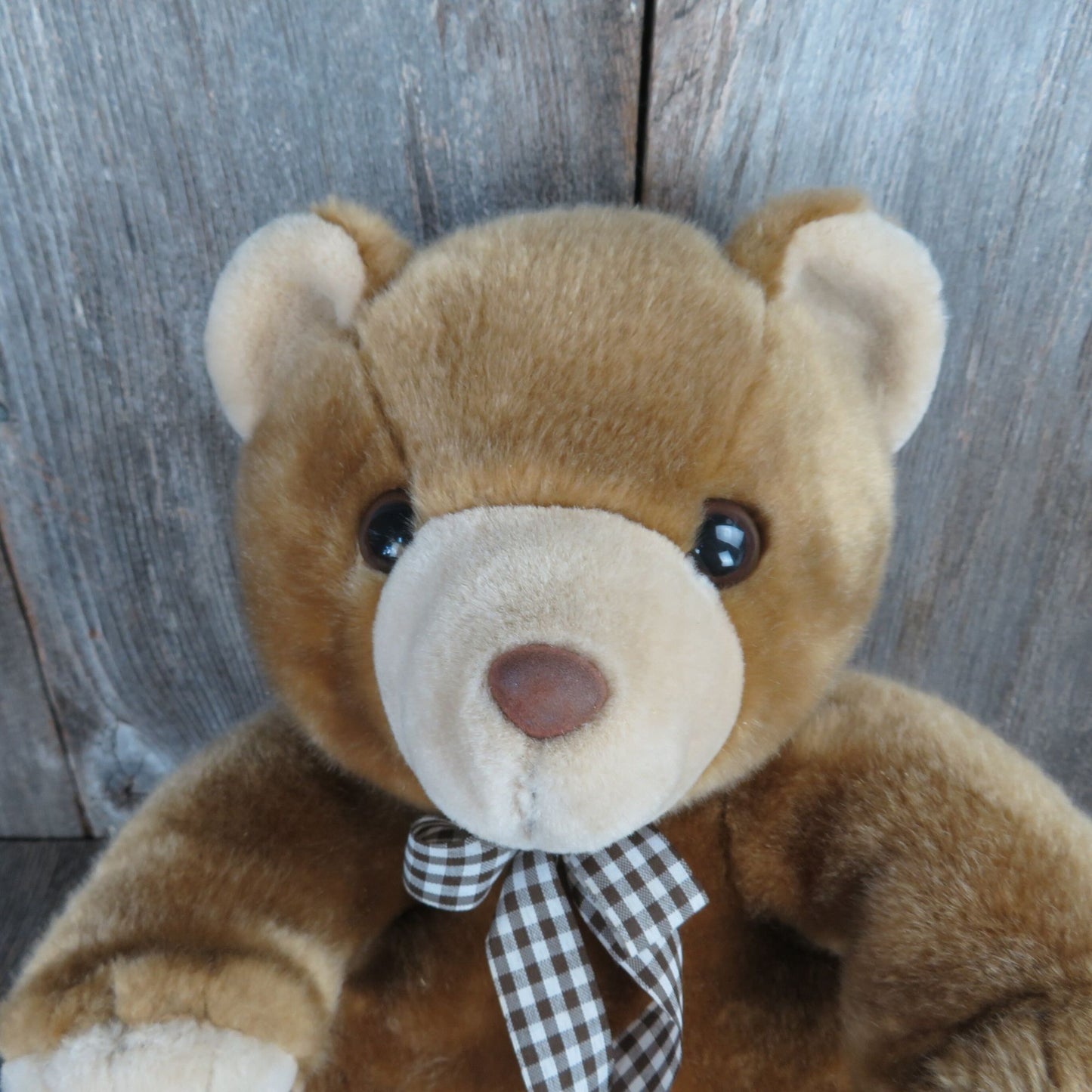 Teddy Bear Plush Stuffed Animal Flocked Nose Plaid Gingham Bow Vintage