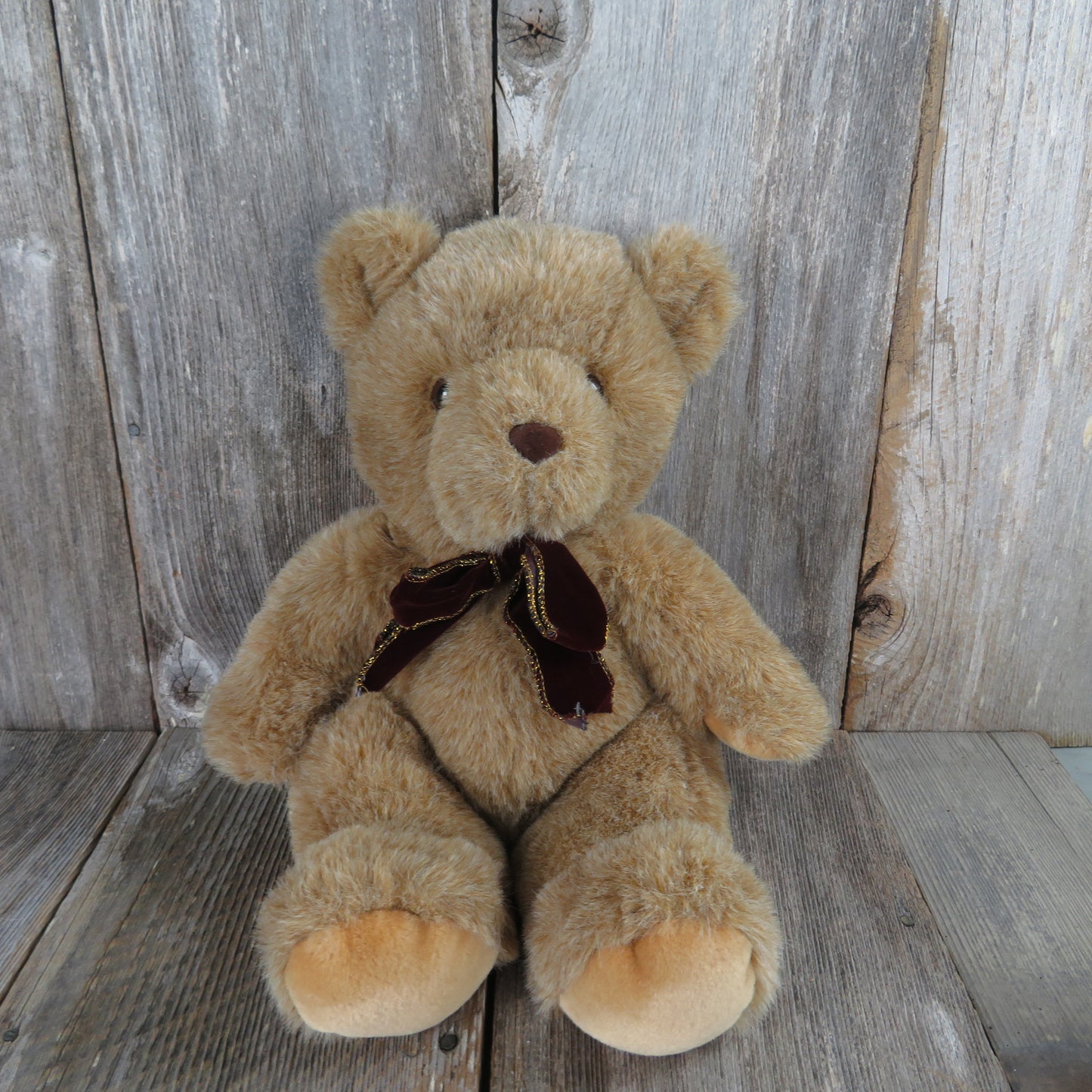 Vintage Teddy Bear Plush Sitting Brown Tan Velvet Bow Burgundy American Wego 19 inches Stuffed Animal Maroon