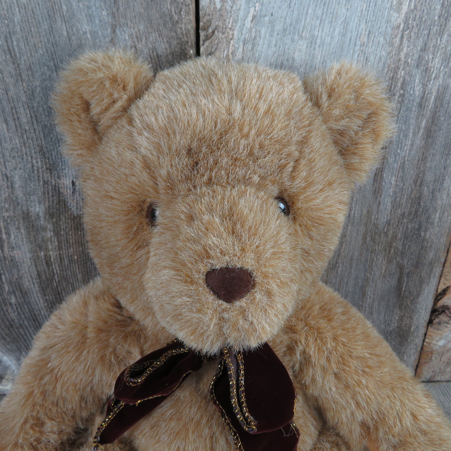 Vintage Teddy Bear Plush Sitting Brown Tan Velvet Bow Burgundy American Wego 19 inches Stuffed Animal Maroon