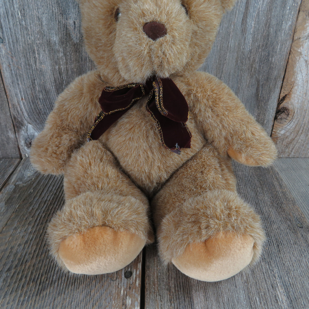 Vintage Teddy Bear Plush Sitting Brown Tan Velvet Bow Burgundy America ...