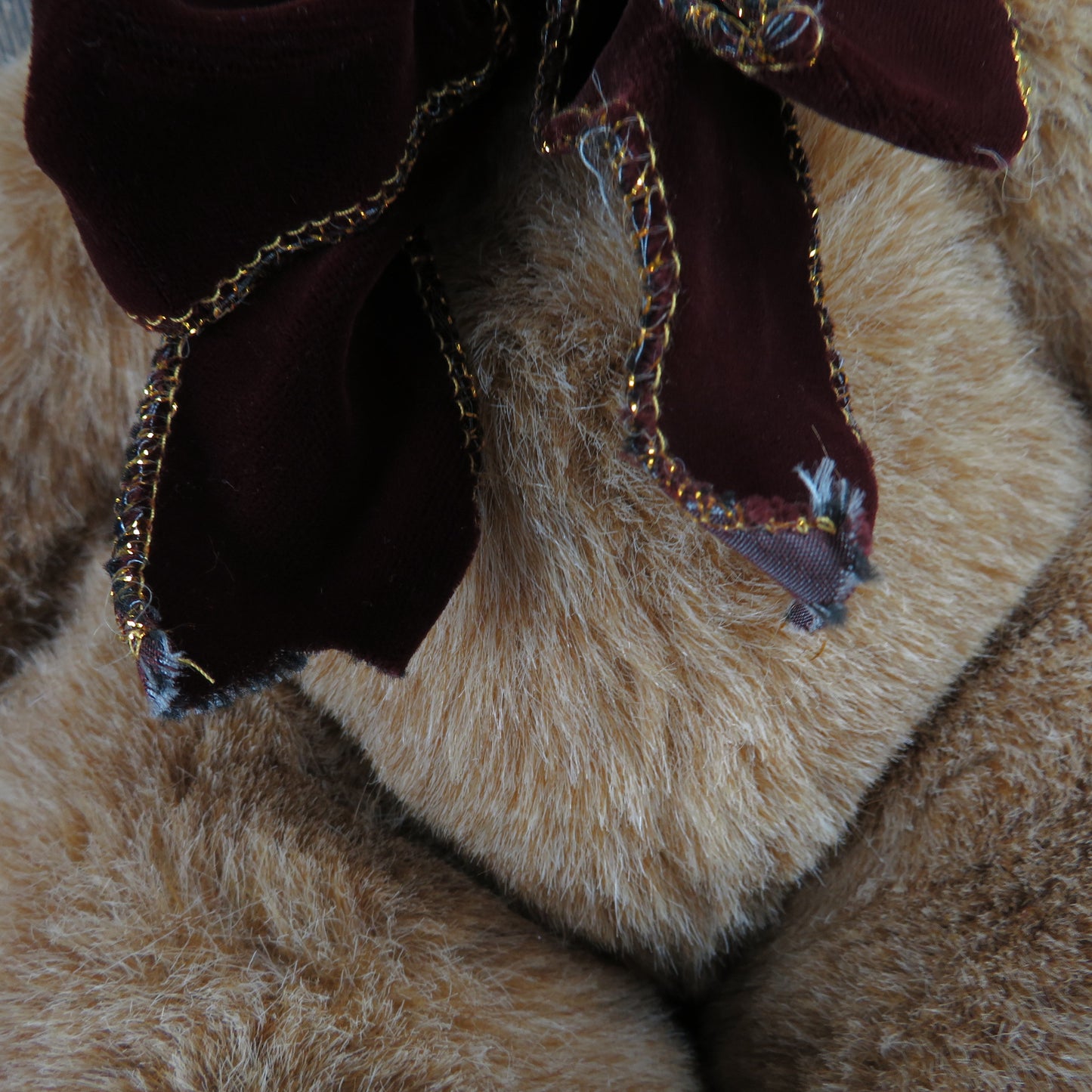 Vintage Teddy Bear Plush Sitting Brown Tan Velvet Bow Burgundy American Wego 19 inches Stuffed Animal Maroon