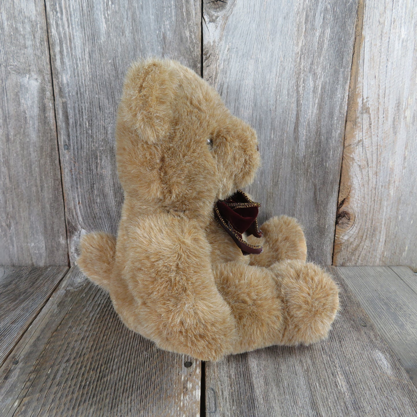 Vintage Teddy Bear Plush Sitting Brown Tan Velvet Bow Burgundy American Wego 19 inches Stuffed Animal Maroon