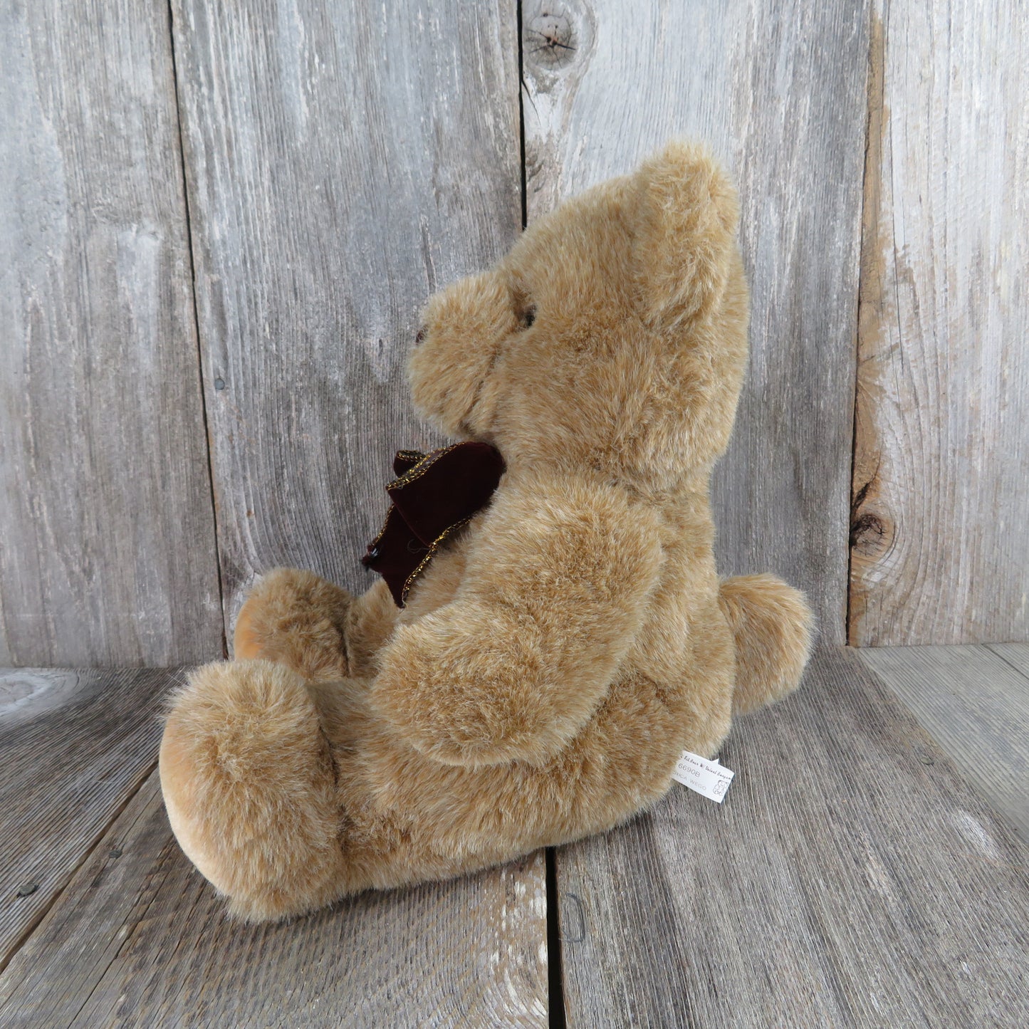 Vintage Teddy Bear Plush Sitting Brown Tan Velvet Bow Burgundy American Wego 19 inches Stuffed Animal Maroon