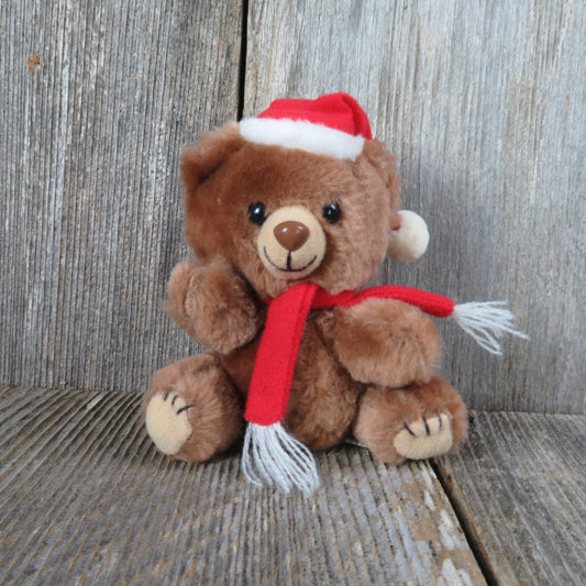 Vintage Teddy Bear Plush Red Santa Hat and Scarf Christmas Mini Russ Brown Plastic Nose Stuffed Animal - At Grandma's Table