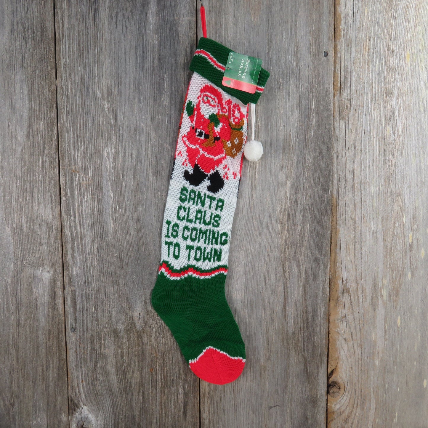 Vintage Santa Claus is Coming To Town Knit Stocking Green Red White Toy Sack Pom Pom 1980s