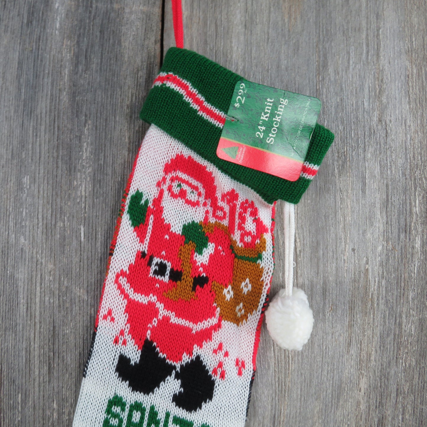 Vintage Santa Claus is Coming To Town Knit Stocking Green Red White Toy Sack Pom Pom 1980s