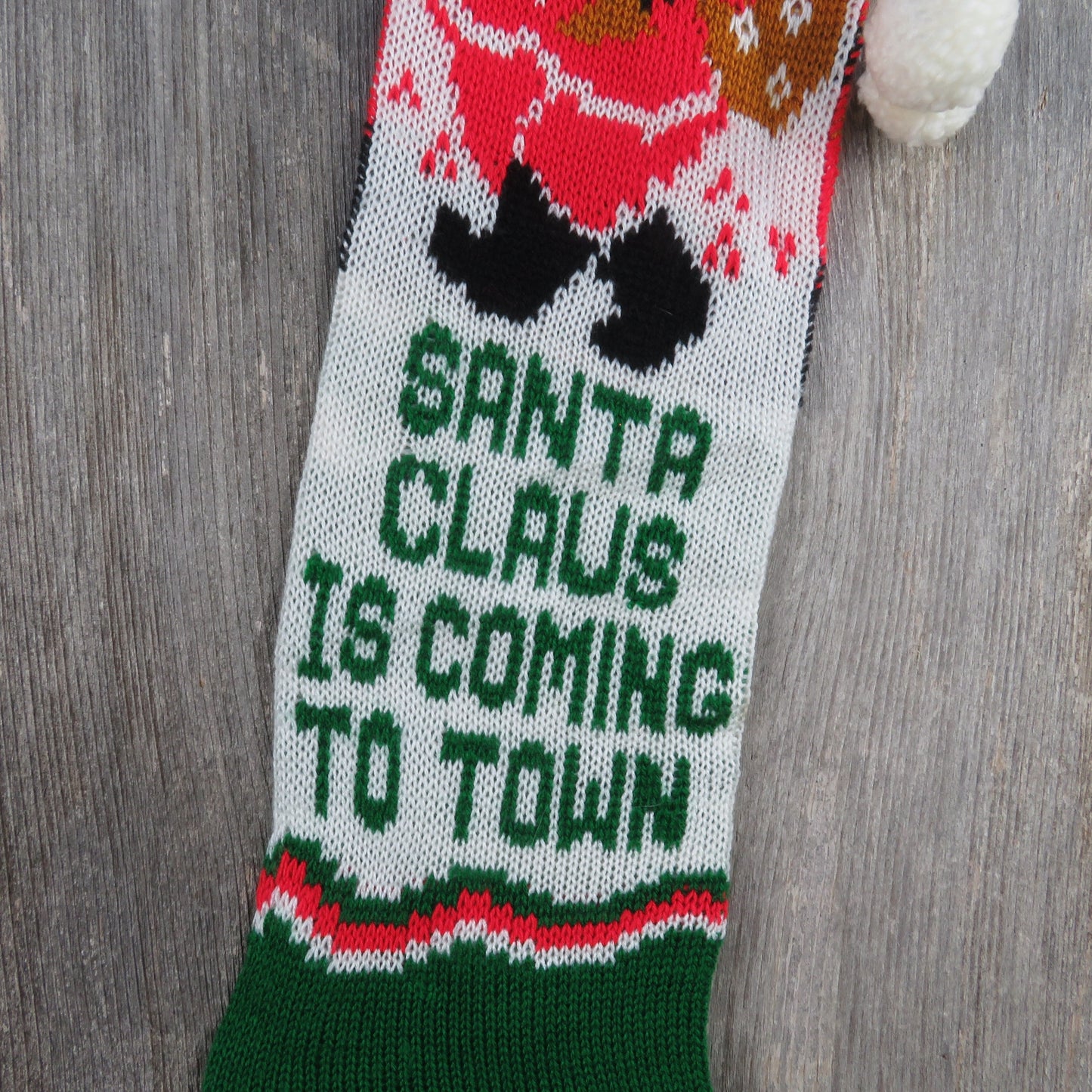 Vintage Santa Claus is Coming To Town Knit Stocking Green Red White Toy Sack Pom Pom 1980s