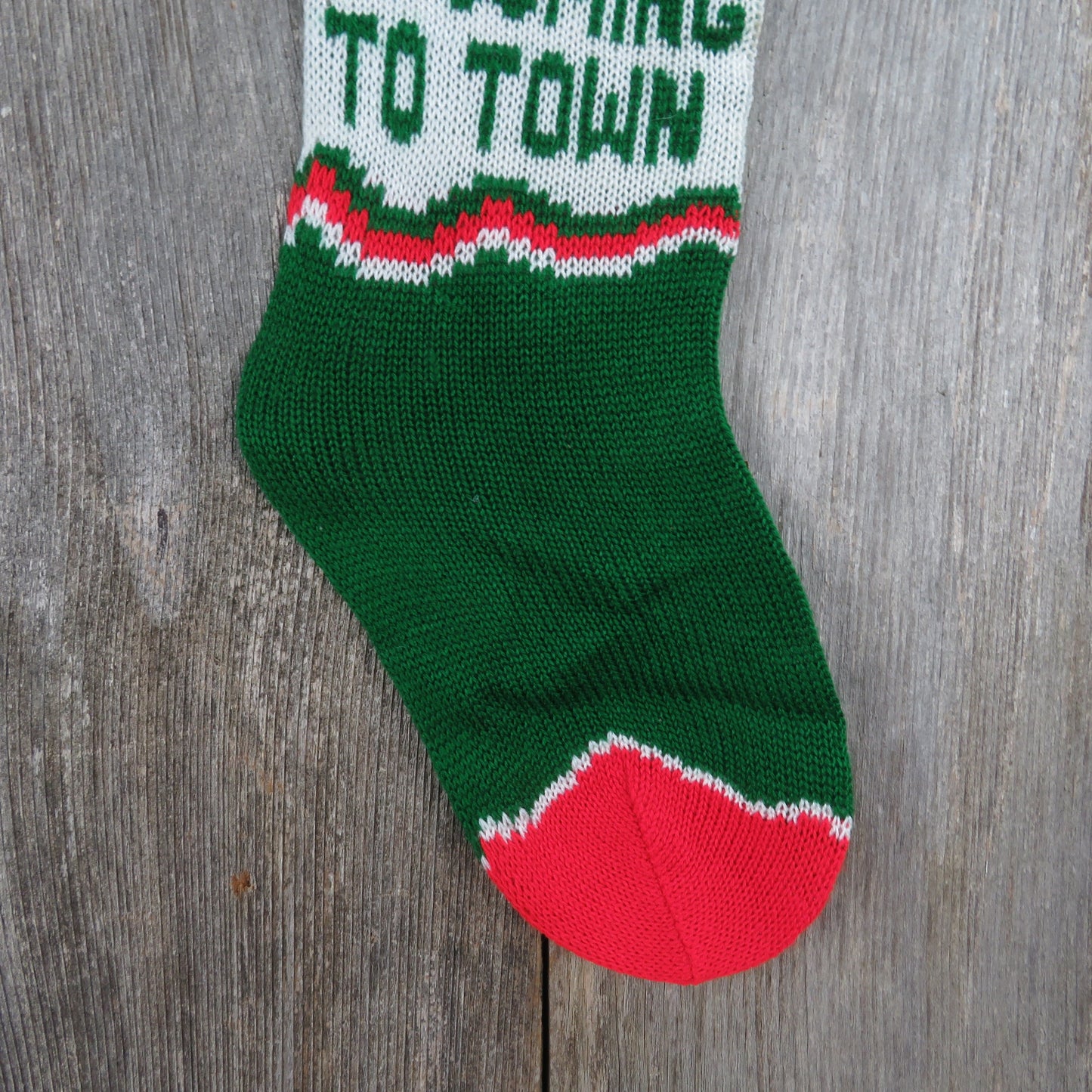 Vintage Santa Claus is Coming To Town Knit Stocking Green Red White Toy Sack Pom Pom 1980s