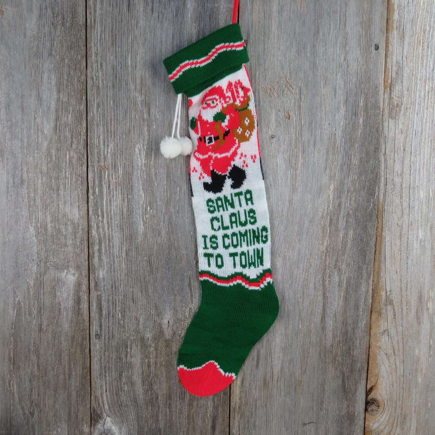 Vintage Santa Claus is Coming To Town Knit Stocking Green Red White Toy Sack Pom Pom 1980s