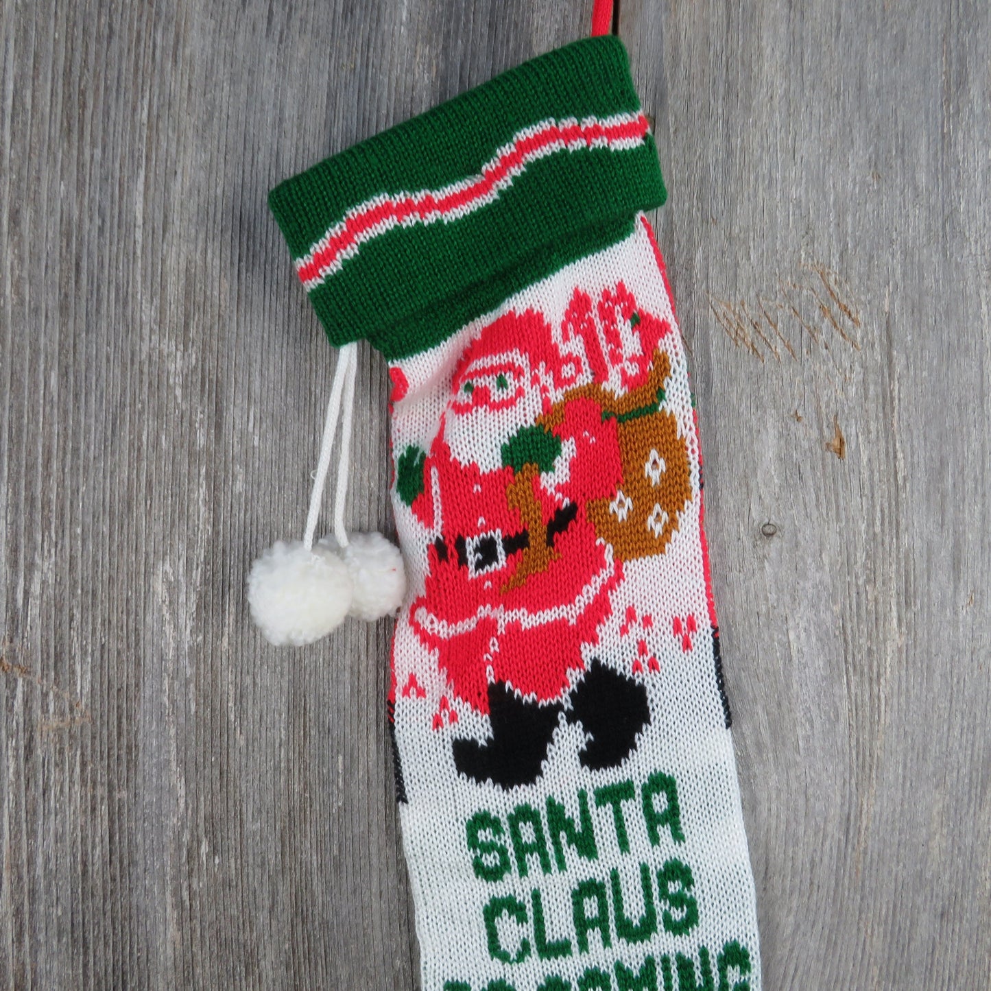 Vintage Santa Claus is Coming To Town Knit Stocking Green Red White Toy Sack Pom Pom 1980s