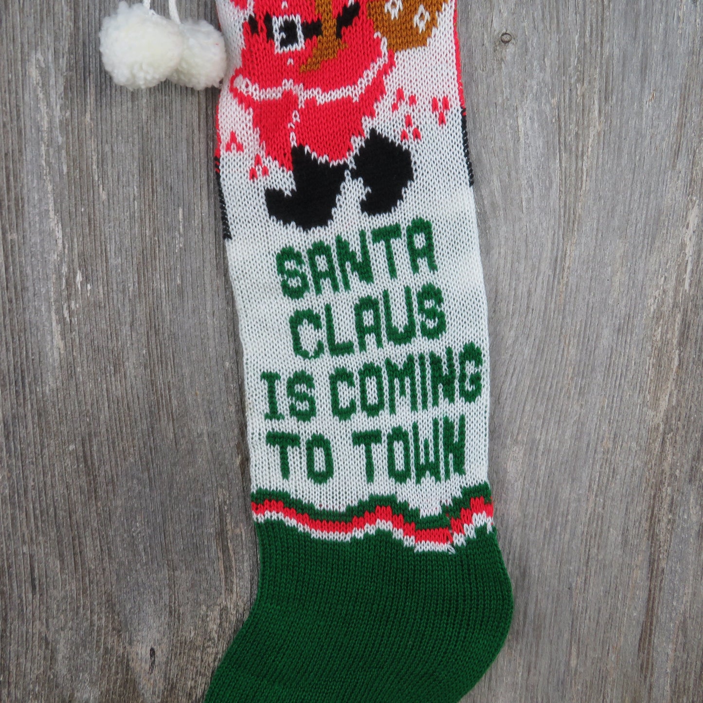 Vintage Santa Claus is Coming To Town Knit Stocking Green Red White Toy Sack Pom Pom 1980s