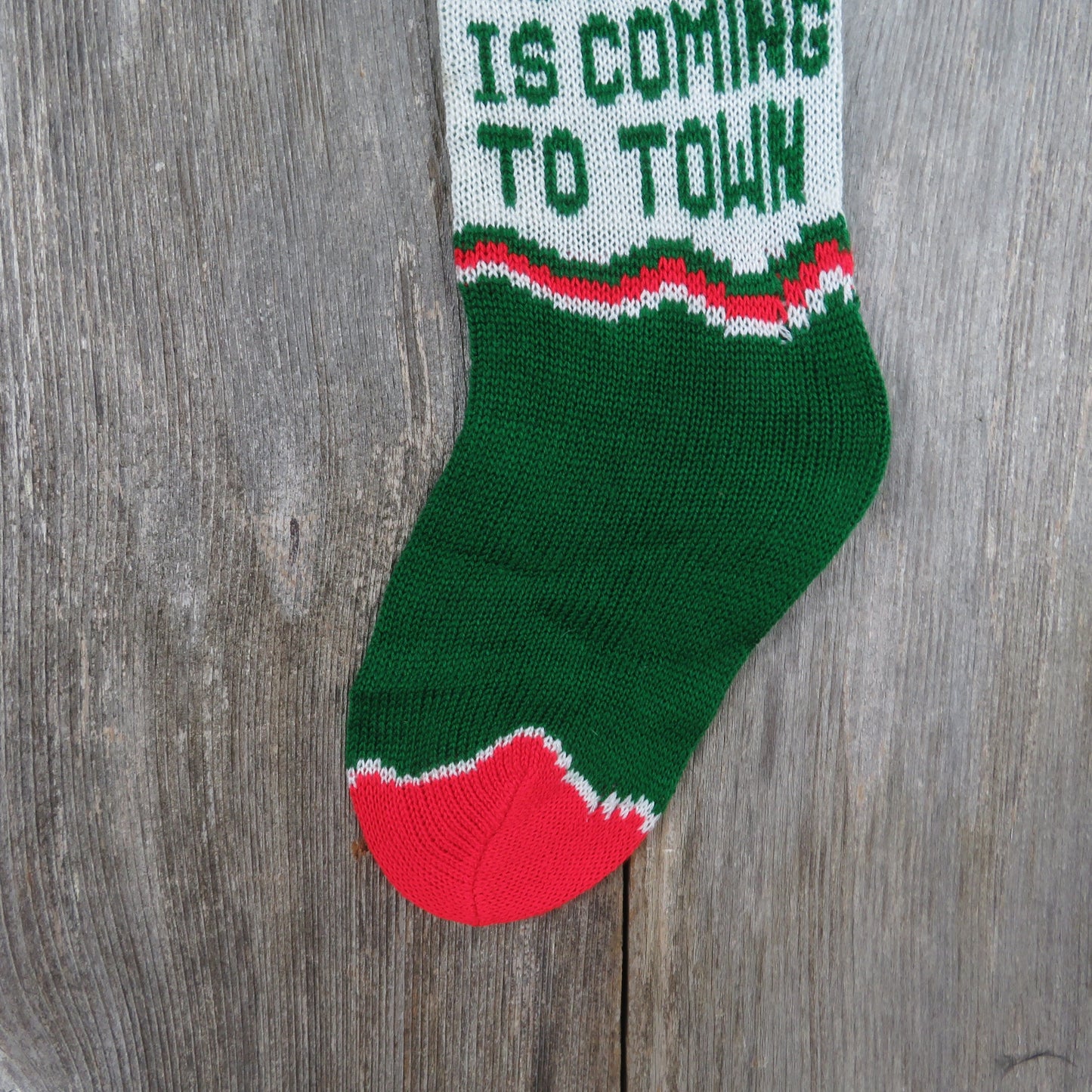 Vintage Santa Claus is Coming To Town Knit Stocking Green Red White Toy Sack Pom Pom 1980s