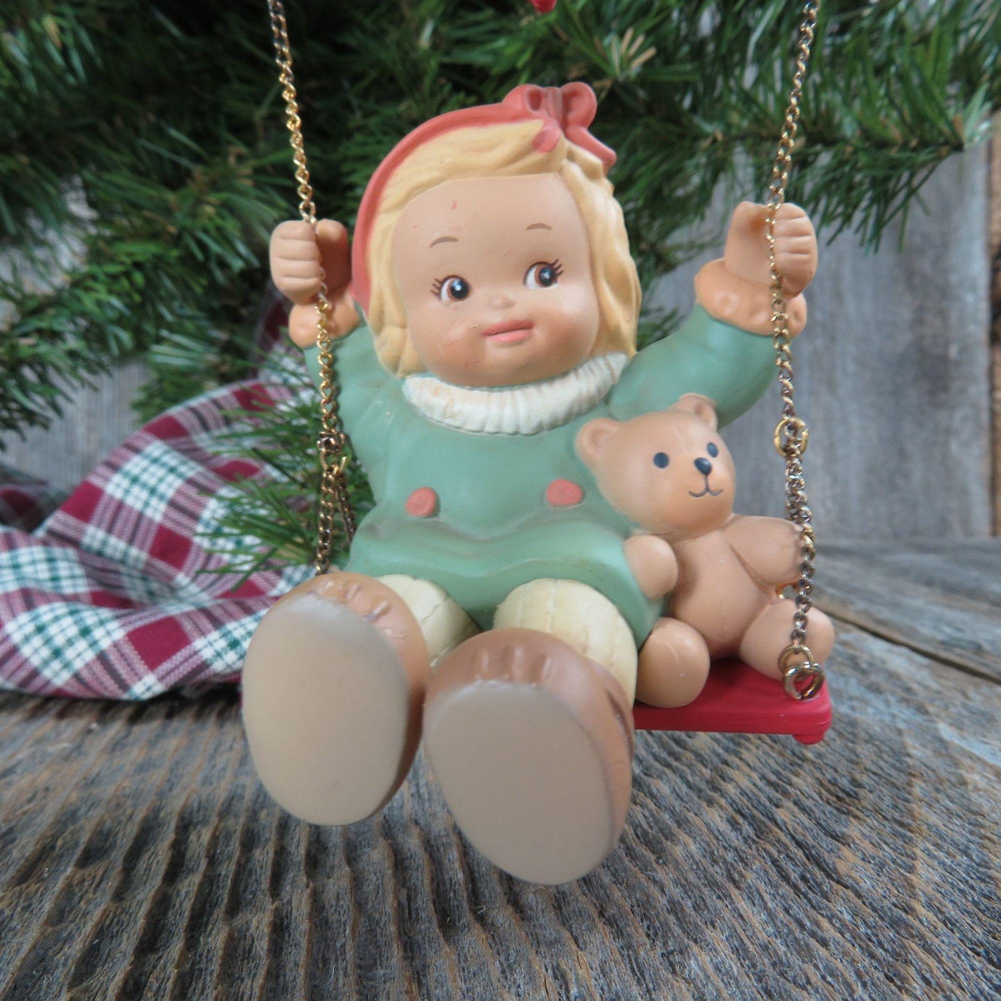 Vintage Girl Swinging with Teddy Bear Ornament Swing With Me Winter Memories of Yesterday by Enesco 1991