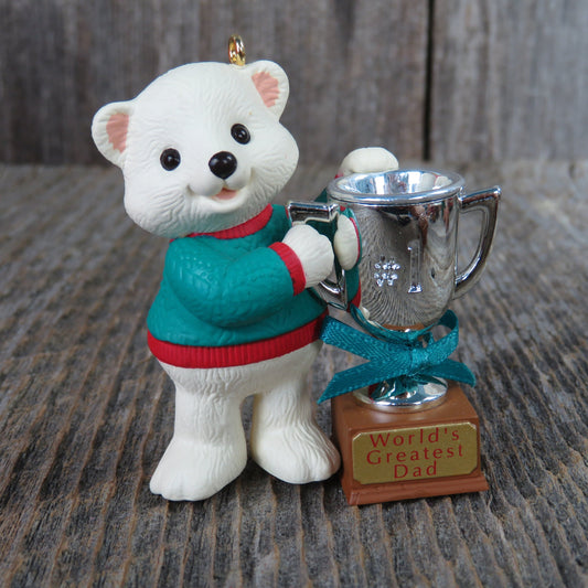 Vintage Teddy Bear World's Greatest Dad Ornament Christmas Hallmark Trophy 1994 Dated