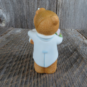 Bear Bride and Groom Figurine Wedding Cake Topper Blue Groom Coat Ceramic Bisque Lucy Rigg Enesco 1980 Bridal Shower