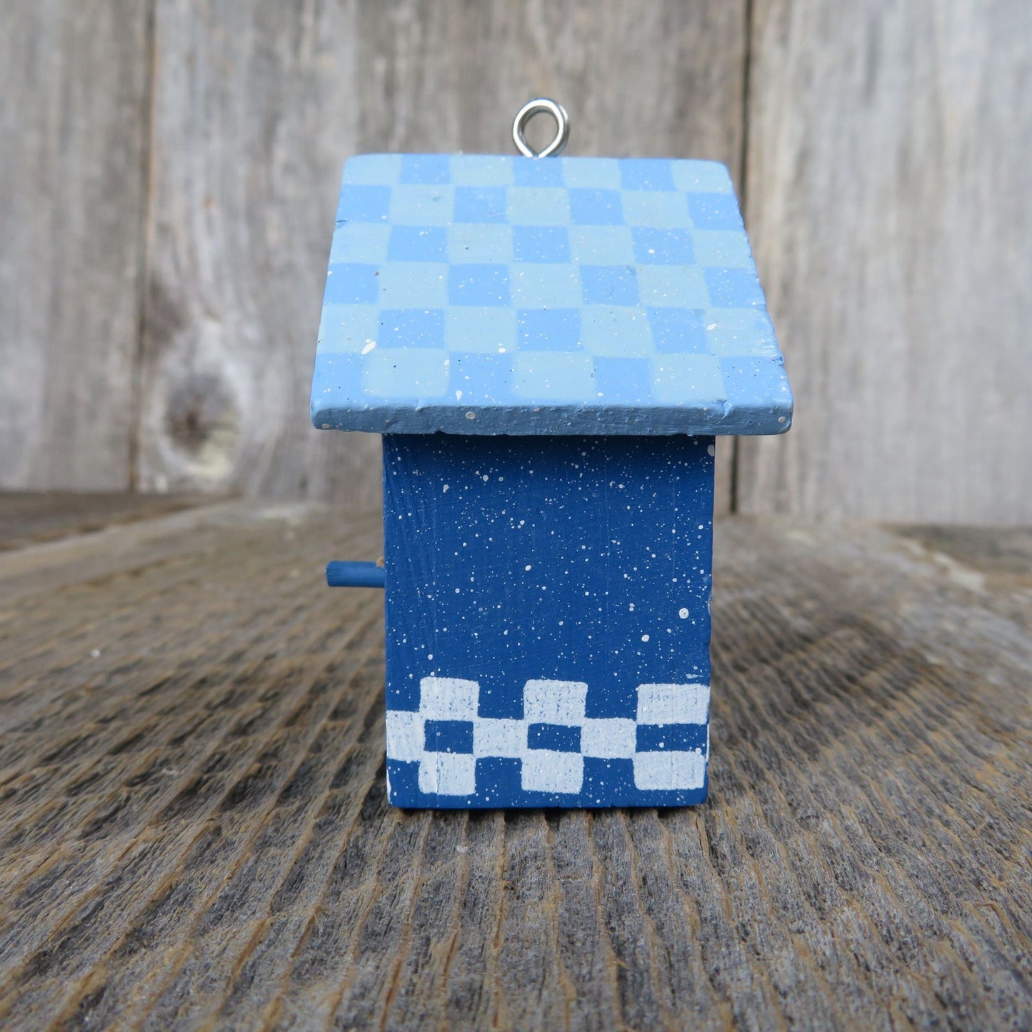 Vintage Blue Painted Birdhouse Wood Ornament Snowman Checkered Bird Rustic Christmas Country