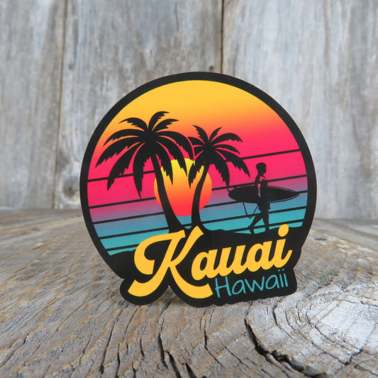 Surfing Hawaii Sticker Kauai Retro Sunset Palm Trees Souvenir Travel Sticker