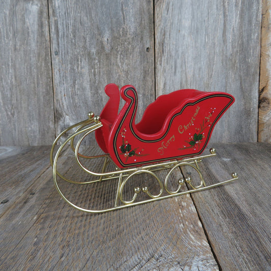 Vintage Wooden Santa's Sleigh Christmas Decoration Red Green Gold Metal Centerpiece