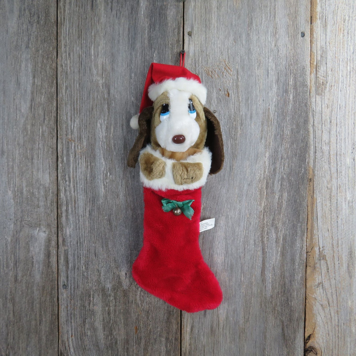 Vintage Dog Christmas Stocking Plush Stuffed Animal White Red Sad Eyes Santa Hat