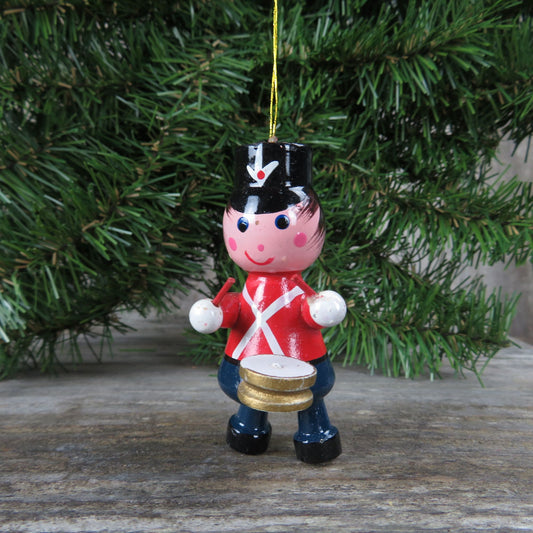 Vintage Wooden Drummer Marching Band Ornament Christmas Blue Red Hat Baton Instrument