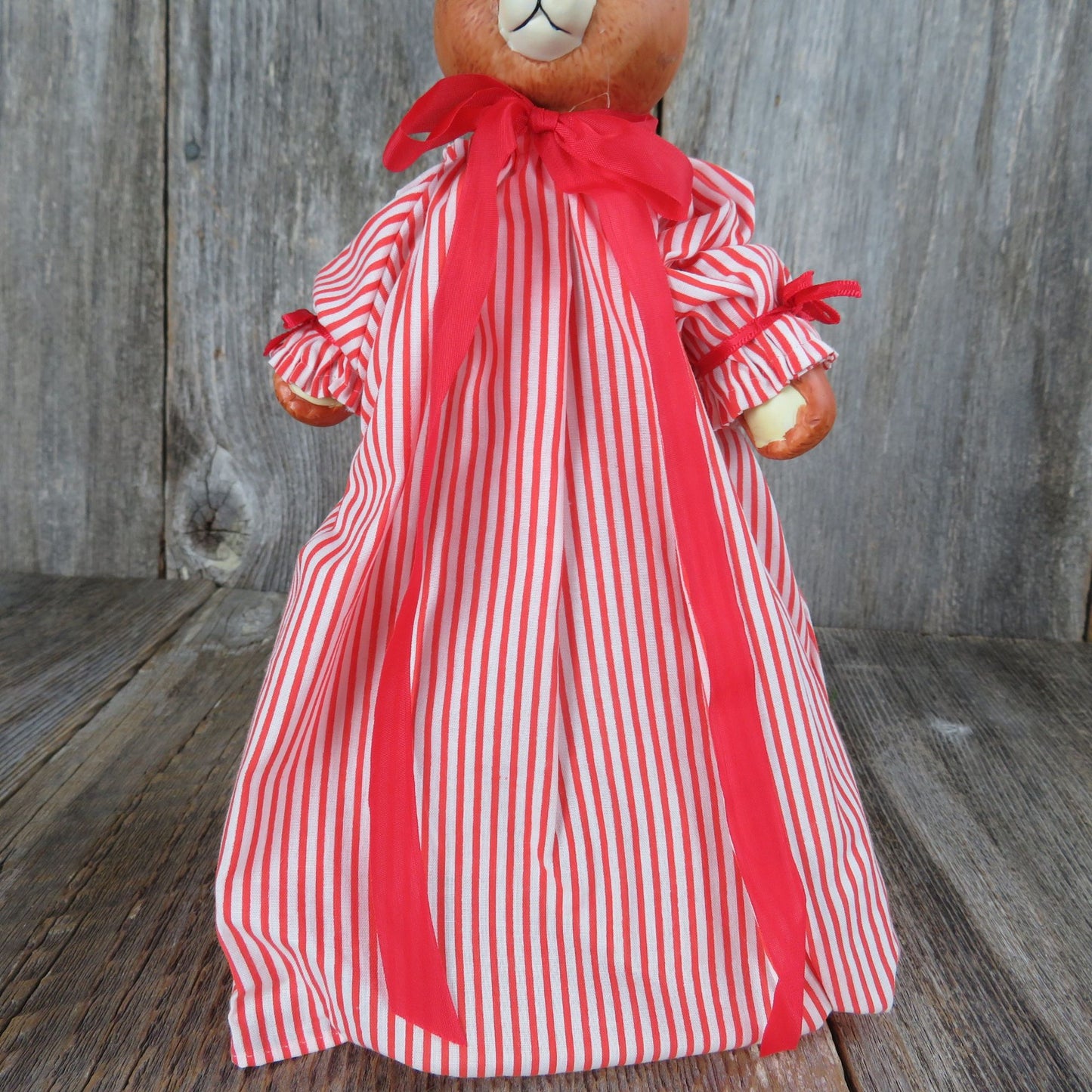 Vintage Teddy Bear in Pajamas Tree Topper Christmas Around the World Nightgown Sleeping Cap Bisque Ceramic Head Red White Striped