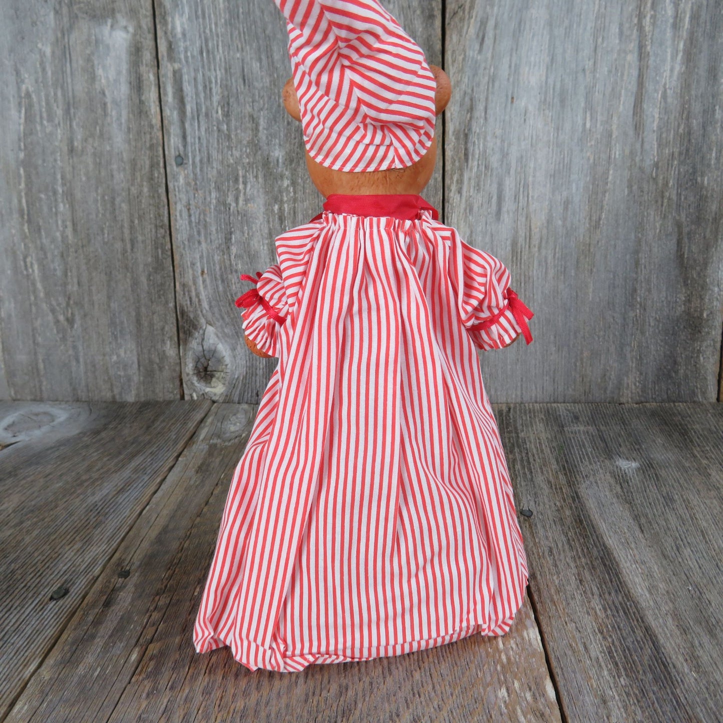 Vintage Teddy Bear in Pajamas Tree Topper Christmas Around the World Nightgown Sleeping Cap Bisque Ceramic Head Red White Striped