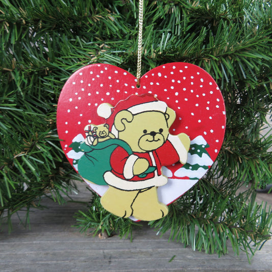 Heart Shaped Bear Santa Claus Wood Ornament Vintage Wooden Painted Christmas Ornament