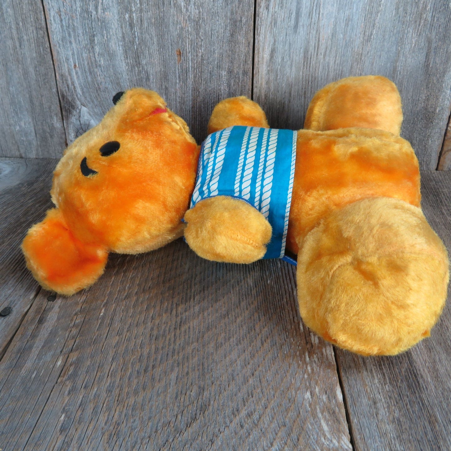 Vintage Teddy Bear Plush Shiny Yellow Orange Stuffed Animal Blue Shirt Pom Pom Nose Soft Foam Filled Eye Brows